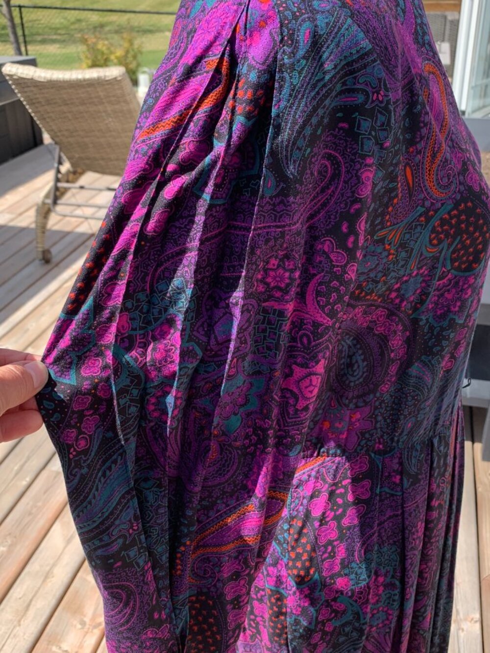 Vintage Paisley Maxi Midi Dress M Purple Pleated Long Puff Sleeve Pockets Modest - Picture 8 of 16